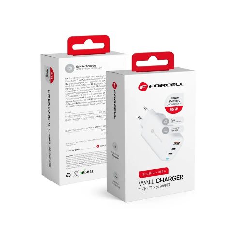 FORCELL F-ENERGY GaN TFK-TC-65WPD utazási töltő 2 x Type C + USB A PD QC4.0 3A 65W fehér