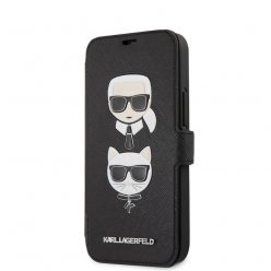   Karl Lagerfeld and Choupette Apple iPhone 12 Mini 2020 (5.4) Saffiano K&C Heads oldalra nyíló könyv tok fekete (KLFLBKP12SSAKICKCBK)