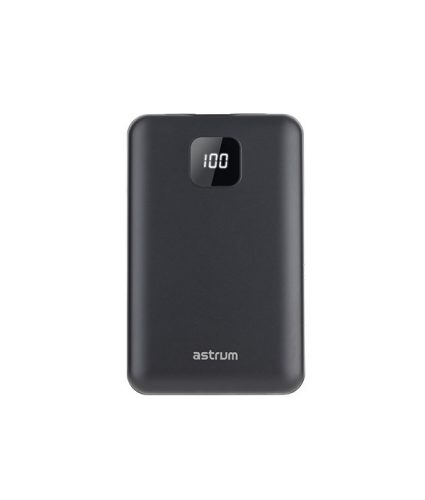 Astrum PB450 10000mAh fekete fémházas gyorstöltő PD power bank 22,5W, 1X QC 3.0 USB-A, USB-C, li-polymer cellákkal, LCD