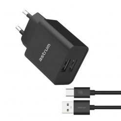   Astrum Pro Dual U24 hálózati töltő 2X USB, 10W, Type-C adatkábellel, fekete