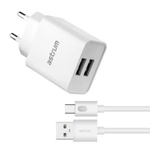 Astrum Pro Dual U24 hálózati töltő 2X USB, 10W, Type-C adatkábellel, fehér