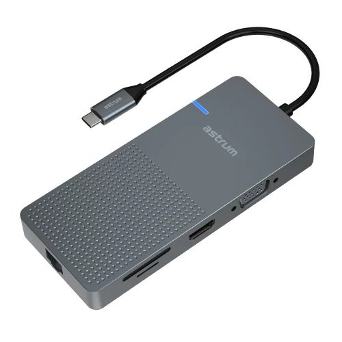 Astrum DA090 Type-C - 4K HDMI + VGA + Dual Usb 3.0 + SD olvasó, Gigabit Lan, Type-C (100w) adapter szürke