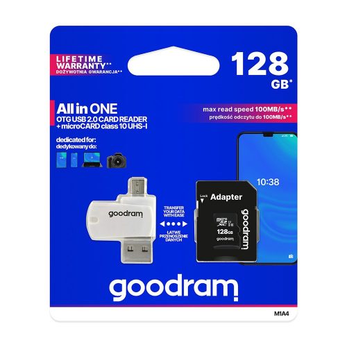 Goodram microSDHC 128GB Class 10 memóriakártya SD adapterrel, Micro USB / USB OTG kártyaolvasóval és Artisjus matricával - M1A4-1280R12