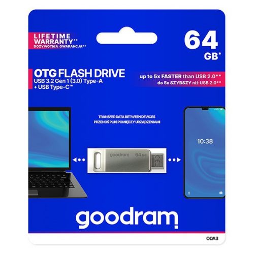 Goodram 64GB (USB-A 3.2, Type-C) ezüst pendrive Artisjus matricával - ODA3-0640S0R11