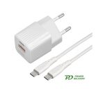 4smarts VoltPlug Duos hálózati gyorstöltő adapter, USB + Type-C + Type-C kábel 1,5m, 20W, fehér