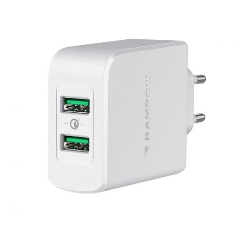 Rampow RBA16 hálózati gyorstöltő adapter 2xUSB QC, 39W, fehér