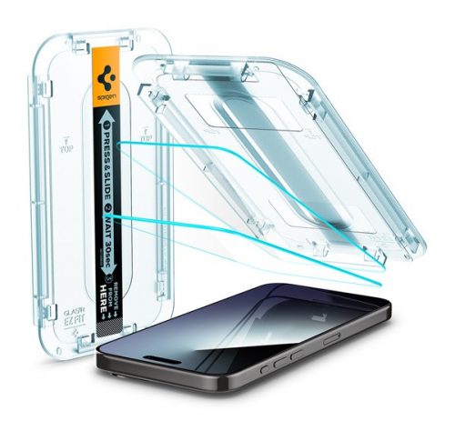 Spigen Glas.tR EZ Fit Apple iPhone 15 Pro Max, tempered kijelzővédő fólia felhelyező kerettel (2db)