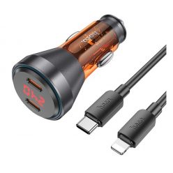   Hoco autós töltő 2 x Type-C QC 30W digitális kijelzővel, Type-C kábellel,  (Lightning PD60W) átlátszó narancssárga