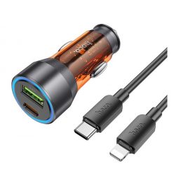   Hoco NZ12A autós szivargyújtó töltő USB QC 18W + Type-C 25W Type-C kábellel, (Lightning PD43W) átlátszó-narancssárga