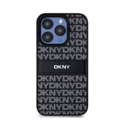   DKNY PU Leather Repeat Pattern Tonal Stripe Apple iPhone 15 Pro tok, fekete