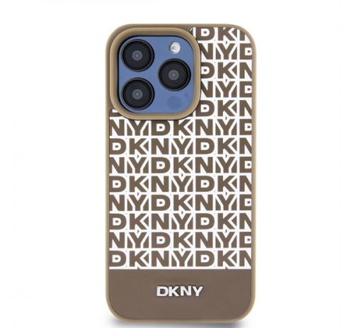 DKNY PU Leather Repeat Pattern Bottom Stripe Apple iPhone 15 Pro tok, barna