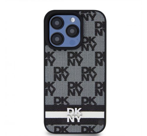 DKNY PU Leather Checkered Pattern and Stripe Apple iPhone 15 Pro tok, fekete