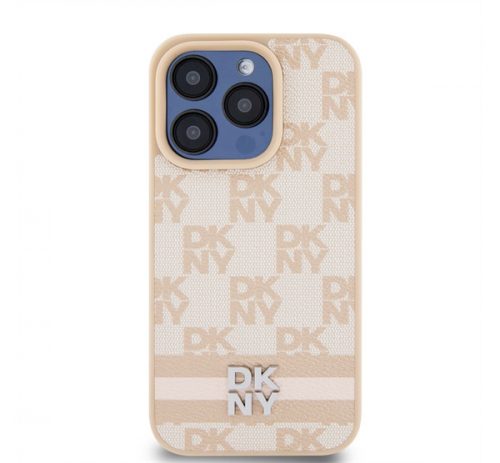 DKNY PU Leather Checkered Pattern and Stripe Apple iPhone 15 Pro tok, rózsaszín