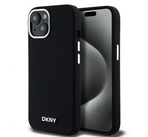 DKNY Liquid Silicone Silver Metal Logo Magsafe iPhone 15 hátlap tok, fekete