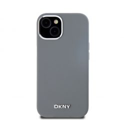   DKNY Liquid Silicone Silver Metal Logo Magsafe iPhone 15 hátlap tok, szürke