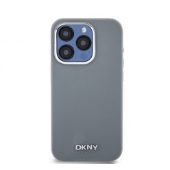   DKNY Liquid Silicone Silver Metal Logo Magsafe iPhone 15 Pro hátlap tok, szürke