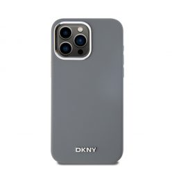   DKNY Liquid Silicone Silver Metal Logo Magsafe iPhone 15 Pro Max hátlap tok, szürke