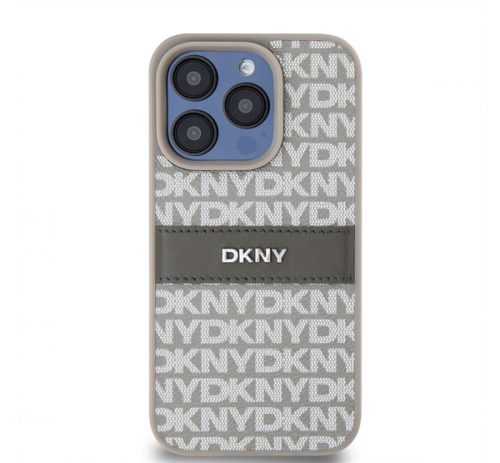 DKNY PU Leather Repeat Pattern Tonal Stripe iPhone 14 Pro Max hátlap tok, bézs