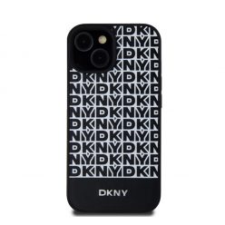   DKNY PU Leather Repeat Pattern Bottom Stripe Apple iPhone 15 Magsafe kompatibilis hátlap tok, fekete