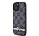 DKNY PU Leather Checkered Pattern and Stripe Apple iPhone 15 hátlap tok, fekete