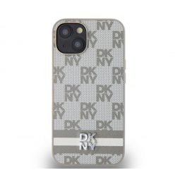   DKNY PU Leather Checkered Pattern and Stripe Apple iPhone 14 hátlap tok, bézs