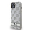 DKNY PU Leather Checkered Pattern and Stripe Apple iPhone 15 hátlap tok, bézs