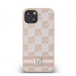   DKNY PU Leather Checkered Pattern and Stripe Apple iPhone 13 hátlap tok, rózsaszín