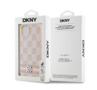 DKNY PU Leather Checkered Pattern and Stripe Apple iPhone 13 hátlap tok, rózsaszín