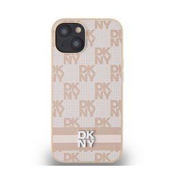   DKNY PU Leather Checkered Pattern and Stripe Apple iPhone 15 hátlap tok, rózsaszín