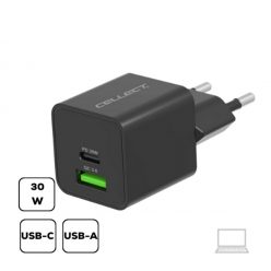   Hálózati töltő adapter Type-C + USB, PD 30W / QC3.0 18W, fekete