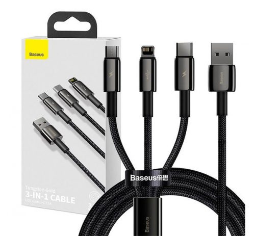 Baseus Tungsten Gold 3in1 USB-kábel, USB / micro-USB / USB Type-C / Lightning, 3,5 A, 1,5 m, fekete