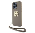 DKNY PU Leather Stack Logo Apple iPhone 14 Pro hátlap tok csuklópánttal, bézs