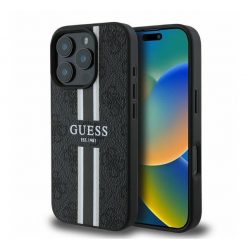   Guess 4G Printed Stripes MagSafe Apple iPhone 16 Pro hátlap tok, fekete/barna GUHMP16LP4RPSK