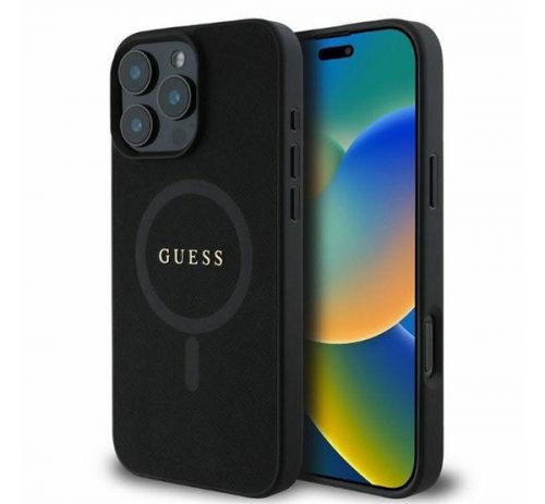 Guess Saffiano Classic Logo Apple iPhone 16 Pro Magsafe kompatibilis hátlap tok, fekete/barna GUHMP16LPSAHMCK