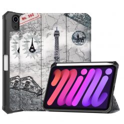   Apple iPad Mini (2021) (8.3), mappa tok, Apple Pencil tartóval, Eiffel torony, térkép minta, Smart Case, Wooze New Style Trifold Case, szürke