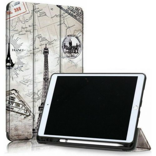 Apple iPad Pro 12.9 (2020), mappa tok, Apple Pencil tartóval, Eiffel torony, térkép minta, Smart Case, Wooze New Style Trifold Case, szürke