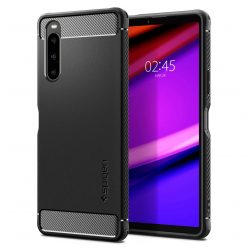   Sony Xperia 10 V, Szilikon tok, Spigen Rugged Armor, karbon minta, fekete