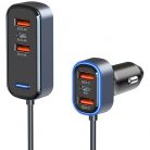 Autós töltő, Szivargyújtós töltő + hosszabbító, 65.5W, 4 x USB aljzat, 2 x USB Type-C aljzat, felakasztható, gyorstöltés, PD, QC 3.0, Wooze Comfort Tech, kék/fekete