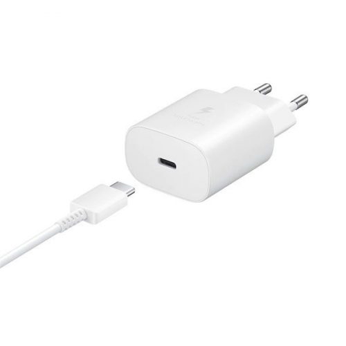 Hálózati töltő adapter, 25W, USB Type-C aljzat, USB Type-C kábellel, PD 3.0, PDO / PPS, gyorstöltés, Samsung, fehér, gyári