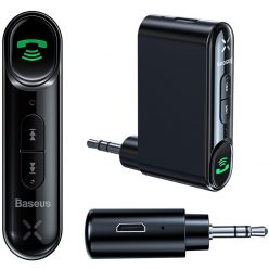   Bluetooth audió adapter, kihangosító, v5.0, 3.5 mm jack csatlakozó, mikrofon, felvevő gomb, hangerő szabályozó, Kihangosított hívás támogatás, Baseus Type 7, fekete