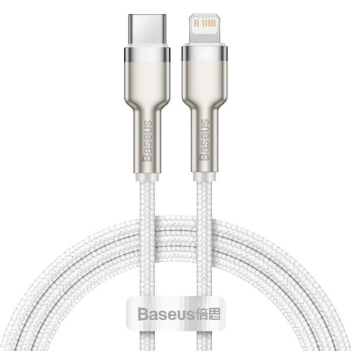 USB Type-C töltő- és adatkábel, Lightning, 100 cm, 20W, törésgátlóval, gyorstöltés, PD, cipőfűző minta, Baseus Cafule Metal, CATLJK-A02, fehér