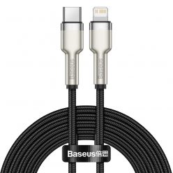   USB Type-C töltő- és adatkábel, Lightning, 200 cm, 20W, törésgátlóval, gyorstöltés, PD, cipőfűző minta, Baseus Cafule Metal, CATLJK-B01, fekete