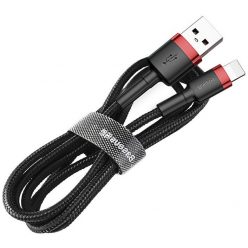   USB töltő- és adatkábel, Lightning, 50 cm, 2400 mA, törésgátlóval, gyorstöltés, cipőfűző minta, Baseus Cafule, CALKLF-A19, fekete/piros