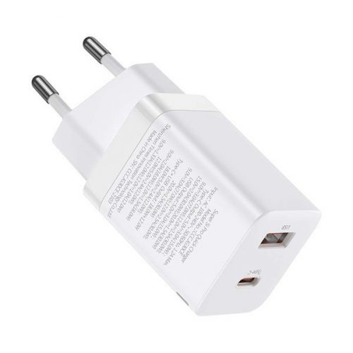 Hálózati töltő adapter, 30W, USB aljzat, USB Type-C aljzat, gyorstöltés, PD 3.0, QC 3.0, Baseus Super SI Pro, fehér