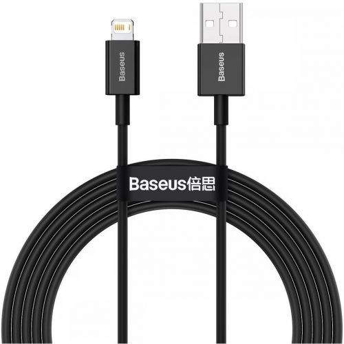 USB töltő- és adatkábel, Lightning, 200 cm, 2400 mA, törésgátlóval, gyorstöltés, PD, Baseus Superior, CALYS-C01, fekete