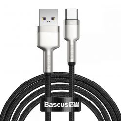   USB töltő- és adatkábel, USB Type-C, 200 cm, 6000 mA, 66W, törésgátlóval, gyorstöltés, cipőfűző minta, Baseus Cafule Metal, CAKF000201, fekete