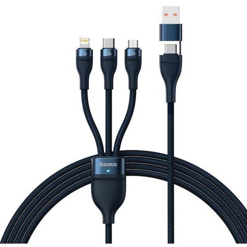 USB / USB Type-C töltő- és adatkábel 3in1, USB Type-C, Lightning, microUSB, 120 cm, 100W, törésgátlóval, gyorstöltés, PD, QC, cipőfűző minta, Baseus Flash Series 2, CASS030103, sötétkék