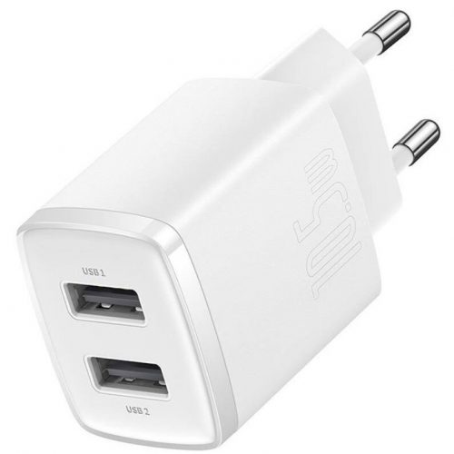 Hálózati töltő adapter, 10.5W, 2 x USB aljzat, gyorstöltés, Baseus Compact, fehér