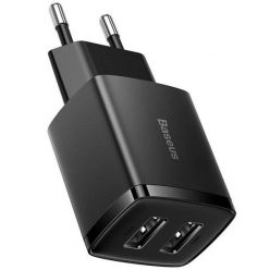   Hálózati töltő adapter, 10.5W, 2 x USB aljzat, gyorstöltés, Baseus Compact, fekete