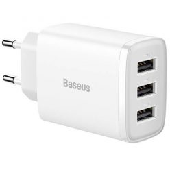   Hálózati töltő adapter, 17W, 3 x USB aljzat, gyorstöltés, Baseus Compact, fehér